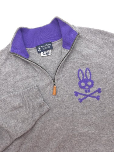 Maglione uomo Psycho Bunny 100% cashmere quarto zip finto collo grigio/viola L leggi