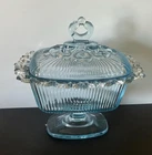 Vintage Indiana Glass Sky Blue Pedestal Lidded Compote Candy Dish Laced Edge