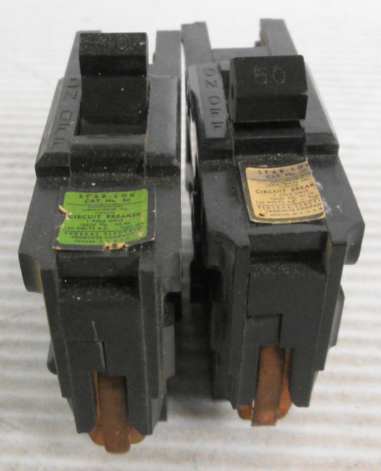 Mixed lot of (2) Federal Pacific Type NA 1P Circuit Breakers (1) 40A (1) 50A
