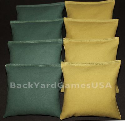 ALL WEATHER CORNHOLE BEAN BAGS Green & Gold  Resin Filled WATERPROOF 