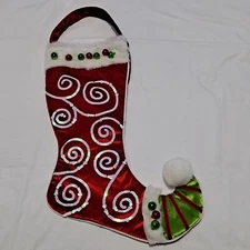 Whimsical Red ELF TOE CHRISTMAS STOCKING Velvet Satin Fuzzy Jingle Bells 23"