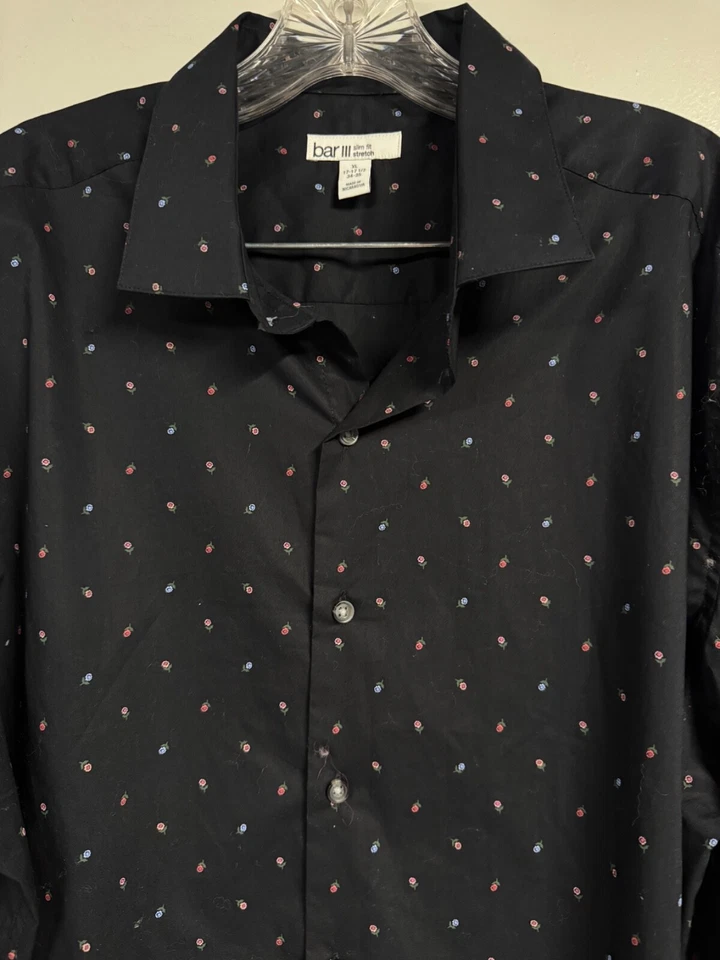 Camisa de Vestir Negra BAR III Ajuste Ajustado Rendimiento Elastizada Estampado Rosa Brote XL 17 1/2 Foto 2 de 4