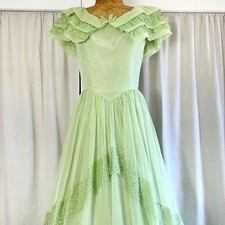 Vtg Civil War Southern Belle Celery Green Ruffled Lace Hoop Skirt Formal Gown