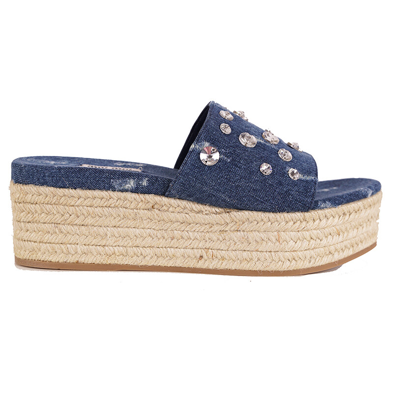 MIU MIU★Distressed Denim Crystal Platform Espadrille Sandal 38 NEW $670 MIU MIU Blue Denim CRYSTAL JEWELED Jute PLATFORM