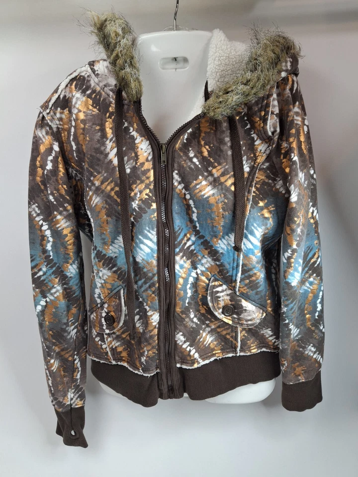 VTG Y2K Self Esteem Zip Up Hoodie Jacket XL Metallic Sherpa Thumbhole Grunge - Image 3 of 4