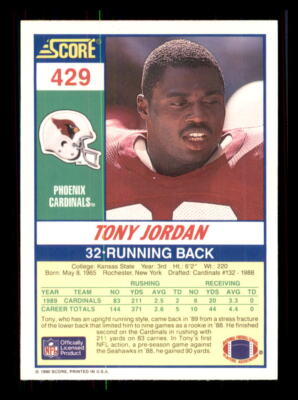 1990 Football 1990 Score Tony Jordan Phoenix Cardinals #429 RC1 | eBay