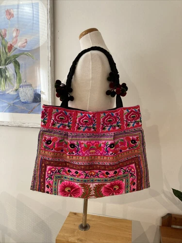 NEW Thai Hill Tribe Hmong embroidered large bag tote cotton lined, zip top close - Picture 1 of 11