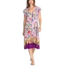 JOHNNY WAS Topiary Tiered Tea Length Dress Floral V Neck Midi Bamboo Pink Purple