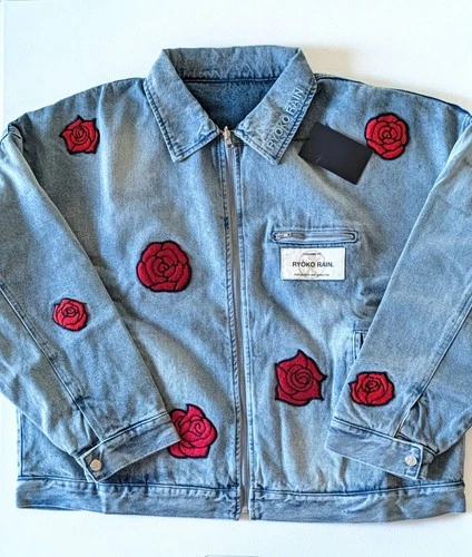 Ryoko Rain Reversible Rose Denim Work Jacket Faded Blue Embroidered Unisex XL - product listing photo