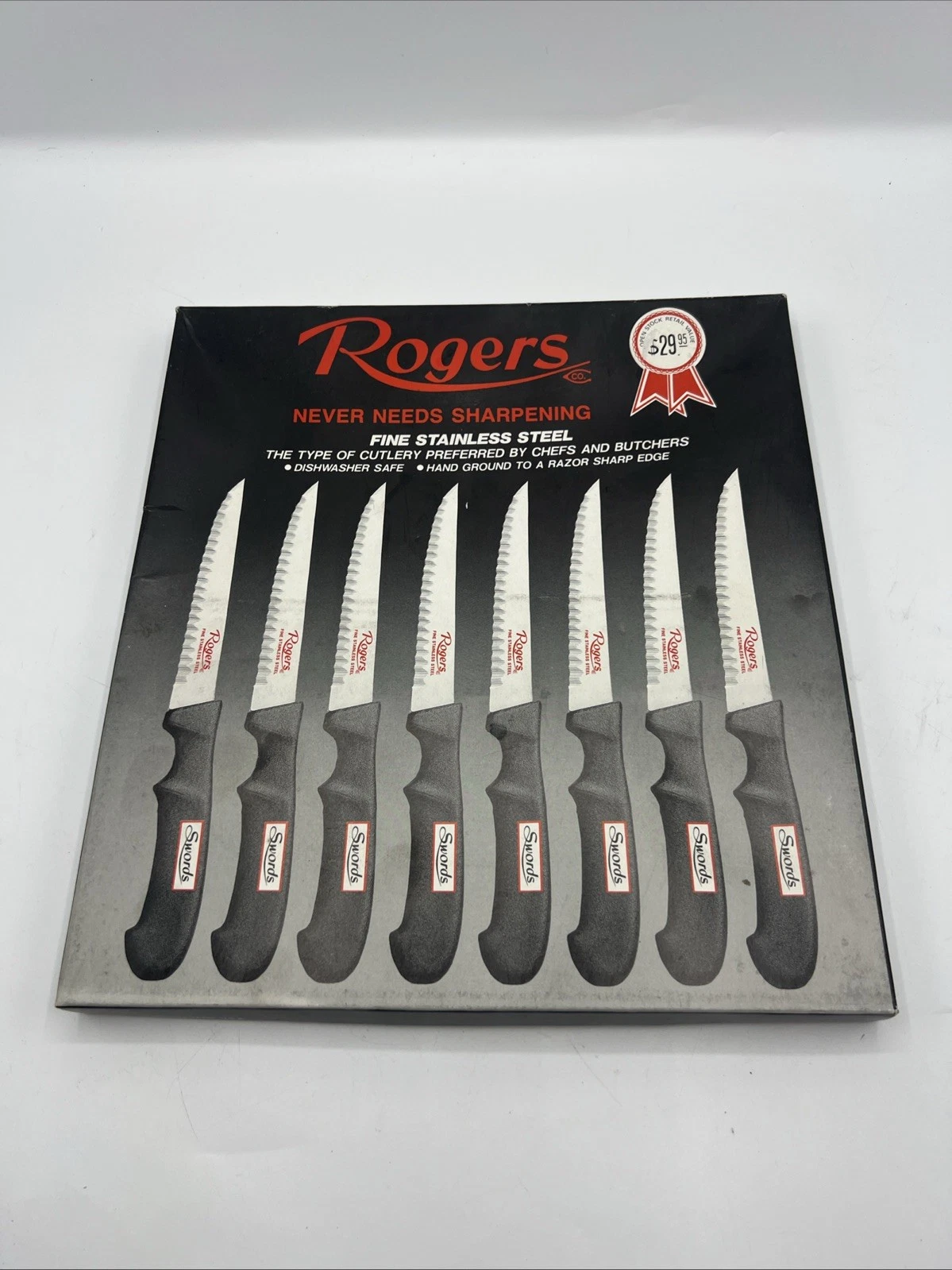 Rogers Co. Fine Stainless Steel Swords Steak Knife Cutlery Set Of 8 In Box
