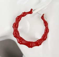 Red hoops bamboo earrings 2 1/8" door knocker color hollow metal lightweight