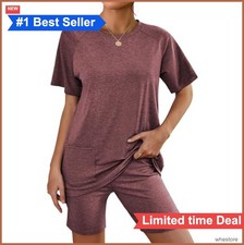 Women 2 Piece Lounge Set Crewneck Tshirt Biker Shorts Summer Outfit Dual Pockets