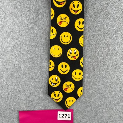 Ralph Marlin Smiley Faces Neck Tie 1995 Black All Over Print USA Made