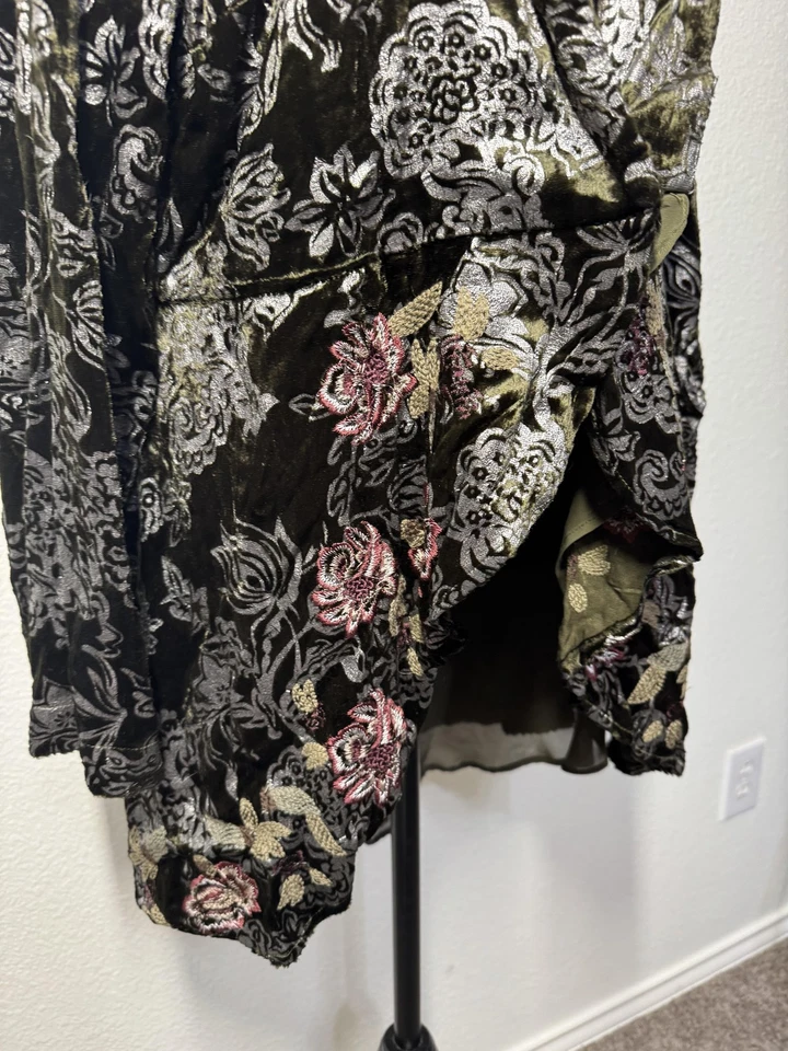 Chicos Jacket Womens 3 Olive Burnout Velvet Floral Embroidered Boho Open Front - Image 3 of 4