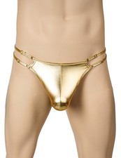 WOW BABE Men Gay Male Shiny Gold Faux Leather Wet Look Brief Thong Size 2XL