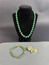 Jade Jewelry Lot 14k Gold Bracelet, Sterling Earrings, 20In Necklace/Silver