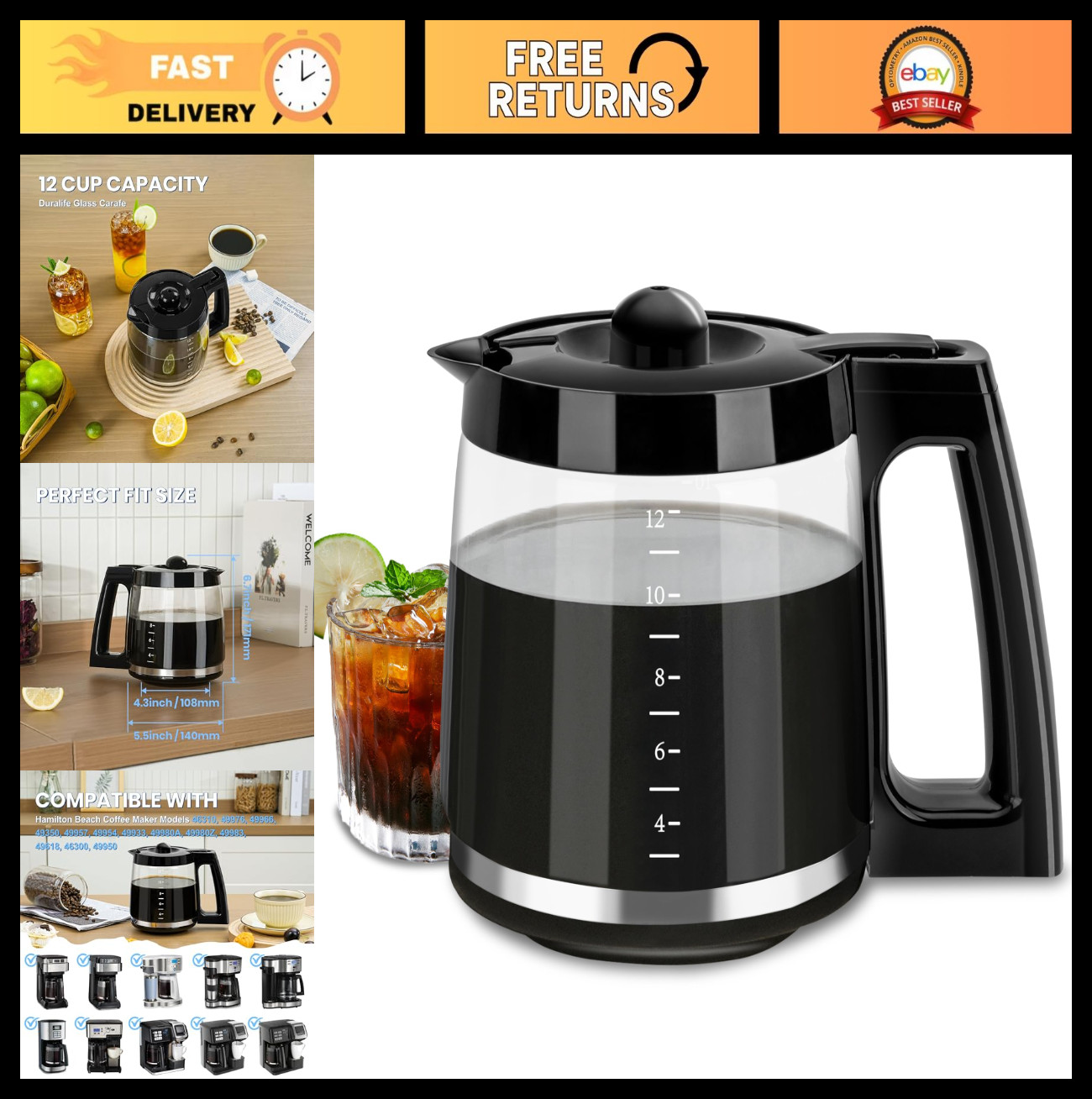 12-Cup Glass Coffee Carafe Replacement Pot for Hamilton Beach Models 46310, 4997