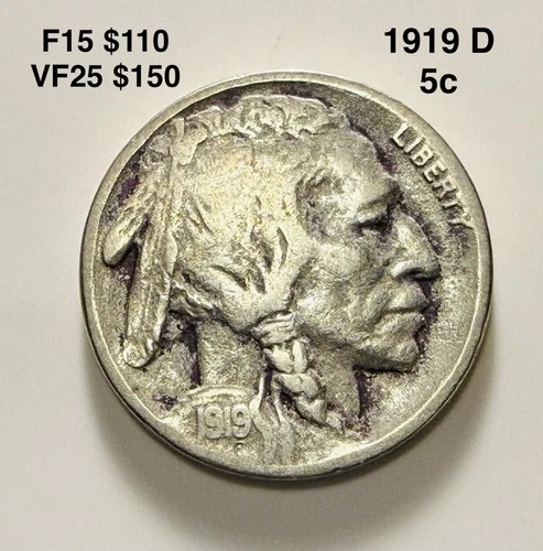 1919-D Buffalo Nickel 5c~ Very Fine (VF) Condition