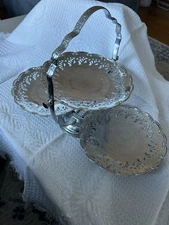 Vintage Folding 3-Tier Metal Tidbit Tray with Lace Clamshell Filigree Handle