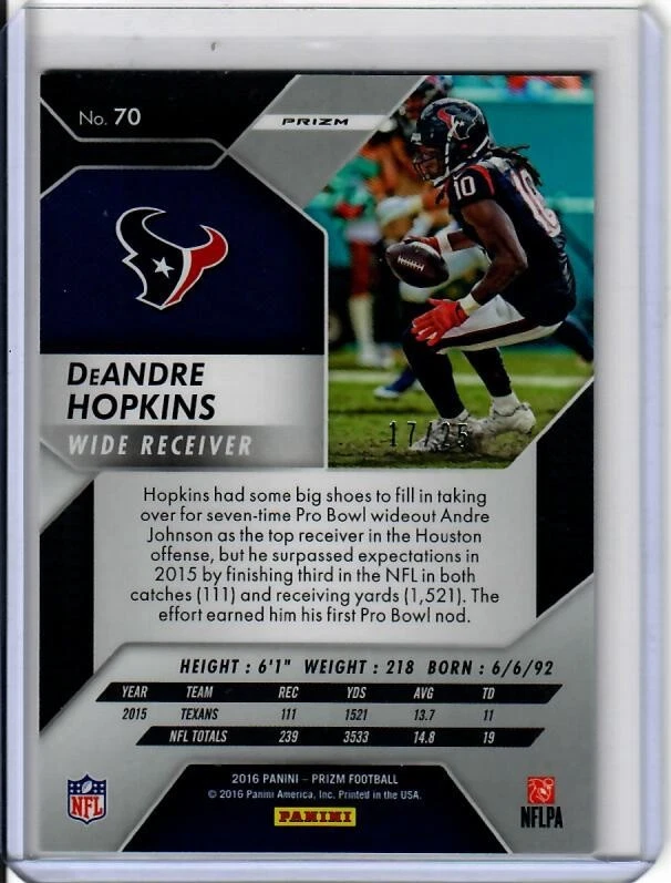 2016 Panini Prizm Camo Prizm /25 DeAndre Hopkins #70 Texans RARE! - Image 2 of 2