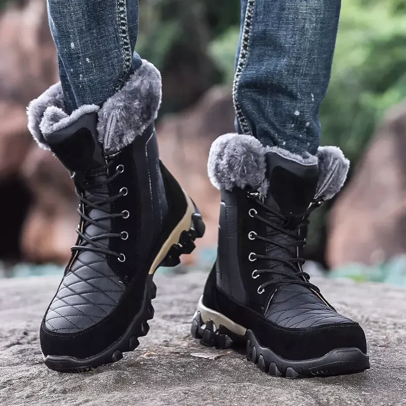 Mens Winter Warm Faux Leather Fur Lace Up Round Toe Snow Cotton Mid calf Boots