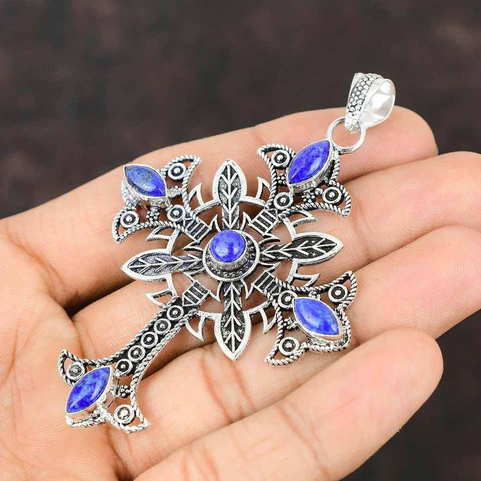Natural Lapis Lazuli Gemstone Cross Pendant 925 Sterling Silver Designer Jewelry - Image 3 of 4