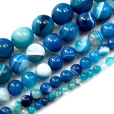 Gemstone Natural Blue Agate Bead Blue Stripe Agate Round Bead 15" Jewelry Making