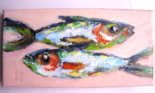 Sardines Original Oil Painting Kitchen Wall art Fish Wall Decor Canvas 4x8 inch - Picture 3 of 3