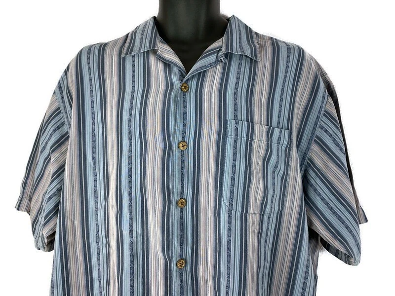 Tommy Bahama Men's M Shirt 100% Silk Blue Stripes Vacation Cruise Shirt Used