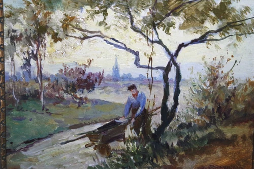 Belgischer Maler um 1930 unleserlich signiert Mann mit Schubkarre an einem Fluss - Bild 3 von 9