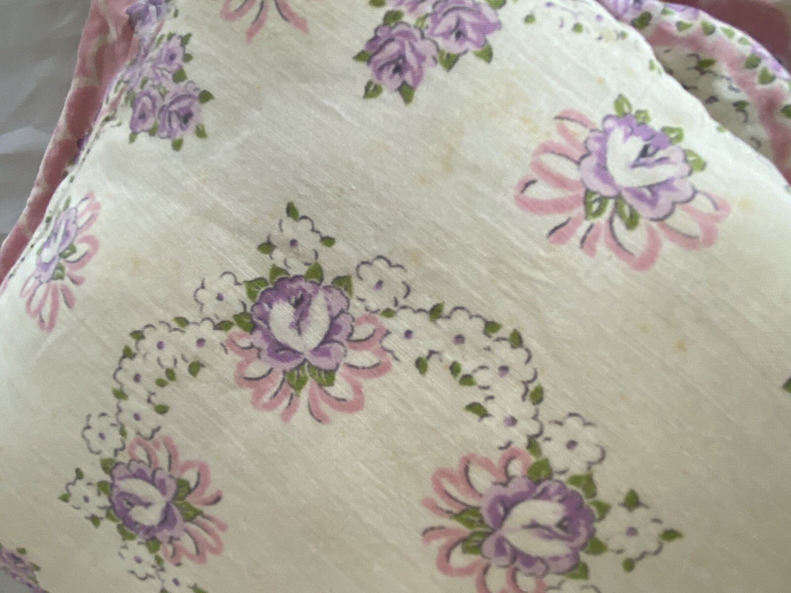 Throw Pillow Vintage Hankie Pink Purple Roses White Green Handmade 11 X 11-image