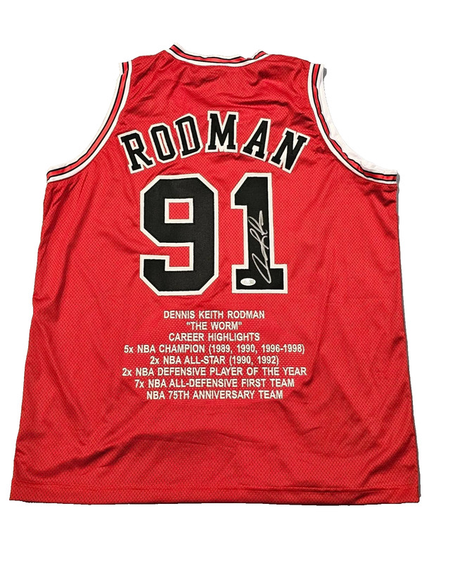 Dennis Rodman Signed Custom Red Chicago Bulls Stat Jersey JSA WITNESS COA