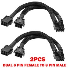 2X Dual 6 Pin Female to 8 Pin Male GPU Adapter Cable Braided Sleeved 20cm USA