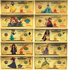 Disney Princess 10 Notes Set 24K Gold Plated Foil Bills Ariel Elsa Snow - XS17