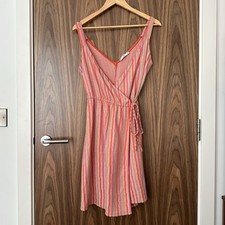 Mango MNG Orange Pink Stripe Tie Wrap V Neck Summer Dress Small