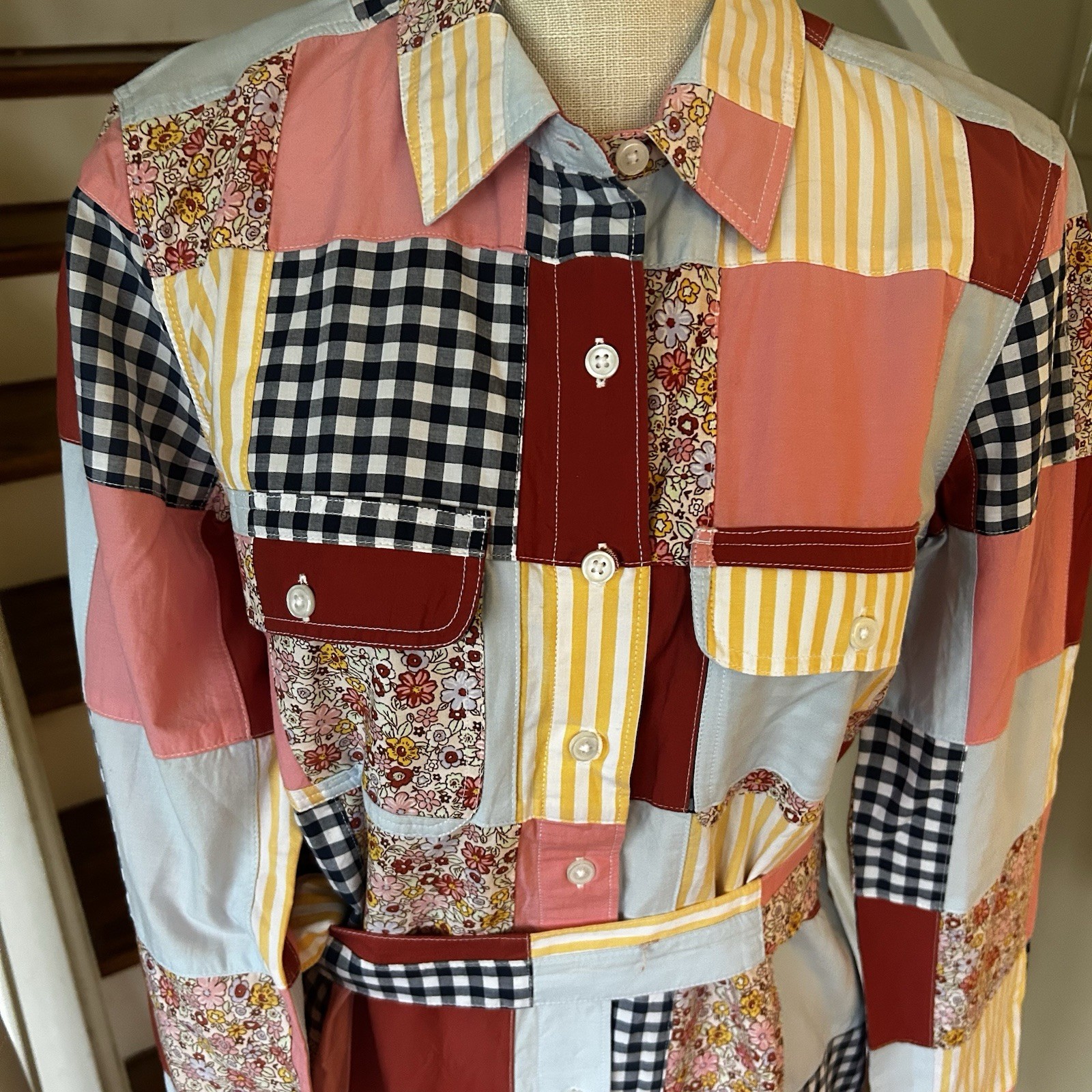 Lands End 100% Cotton Patchwork Button Front Long… - image 10