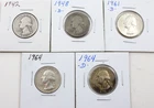 Lot of Five 90% Silver Washington Quarters-Circulated-Free Shipping      (735)