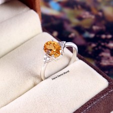 Oval Citrine Ring: Sterling Silver Engagement Ring with Cubic Zirconia