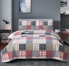 Quilt Set Queen Size Plaid Bedspread Set Soft Lightweight Bedding Set Red Nav...