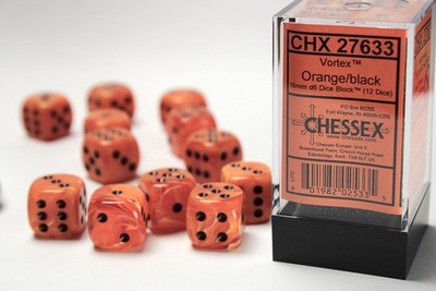 Chessex Vortex  CHX27633 16mm d6 Orange/black Dice Block  (12 dice) Würfel W6