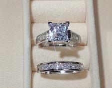 Reiki Infused Silver Coloured Synthetic Zirconia Engagement and Wedding Ring Set