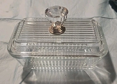 Vintage 7" x 4" Federal Glass Clear Ribbed Refrigerator Dish Lid With Knob