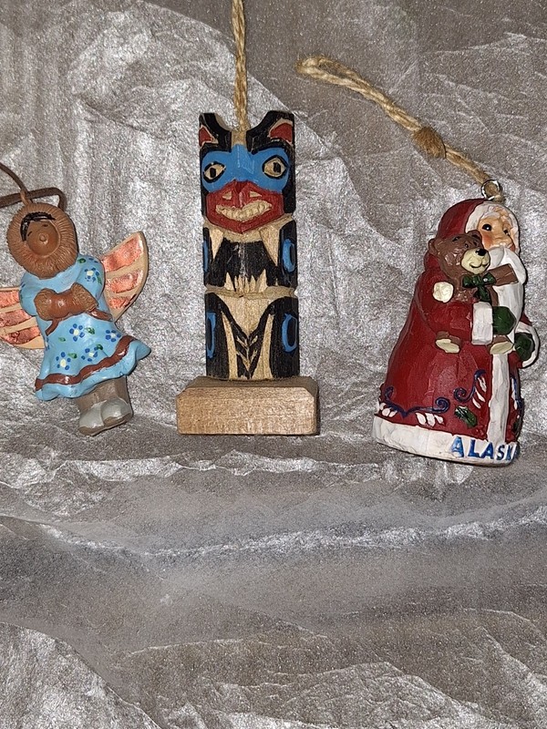 3 Christmas Ornaments From Alaska. Santa. Totem Pole. And Angle 