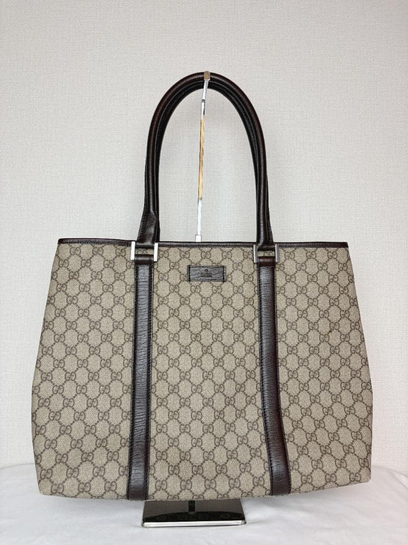 GUCCI GG Canvas Large Tote Bag Brown Leather A4 Shoulder Authentic