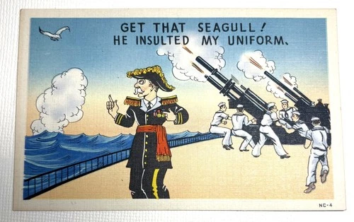 WW2 Era Military Humor Postcard - Get that Seagull - Navy Cartoon