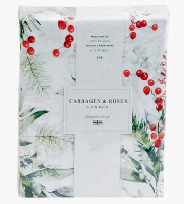 3-Pc Cabbages & Roses London Christmas Foliage Fir Ruby Berries KING Duvet Set