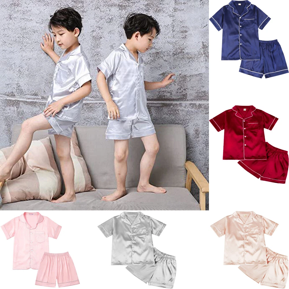 4 6 8 10 12 14 Years Children Satin Pajamas Sets Kids Sleepwear Pyjamas  Solid Color