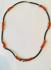 ITALY Signed STERLING SILVER NATURAL SPONGE CORAL LEATHER NECKLACE Vtg. Jewelry