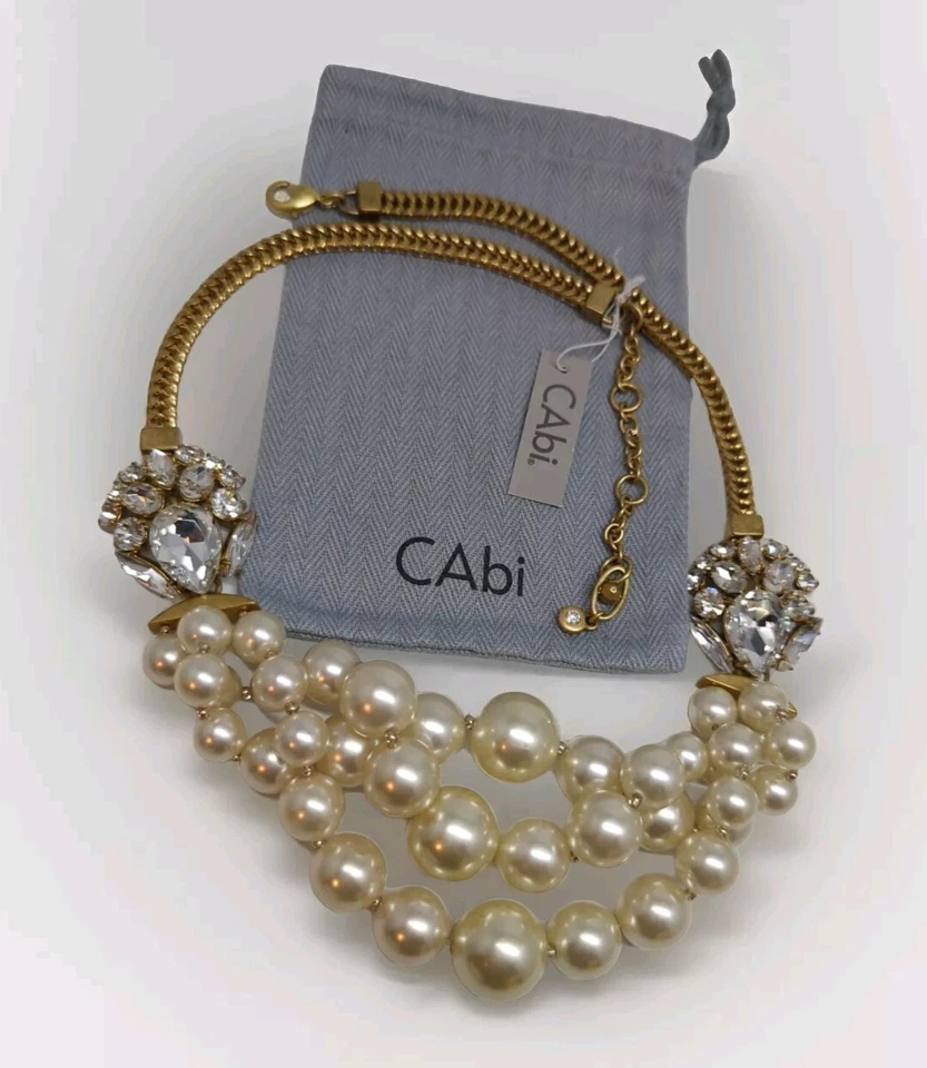 NUEVO COLLAR CAbi Contessa tono dorado estrás imitación perlas ajustable nuevo con etiquetas 20" +