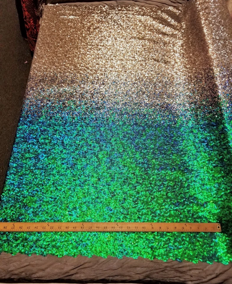 Iridescent Pearl Green to Silver Nylon 2 WAY Stretch Mesh OMBRE Sequin Fabric - Image 4 of 4